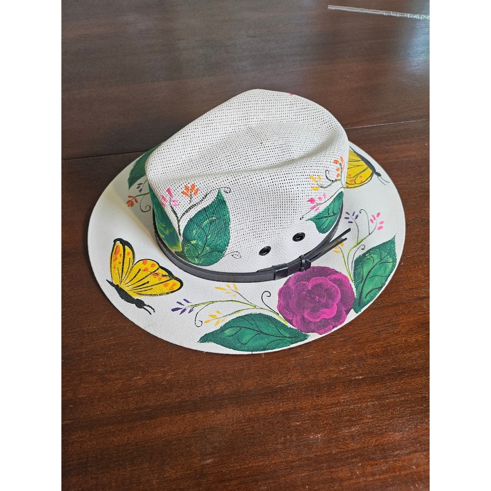 Royal Road Trading Co Panama Hat Women Medium Hand Painted Floral Butterfly